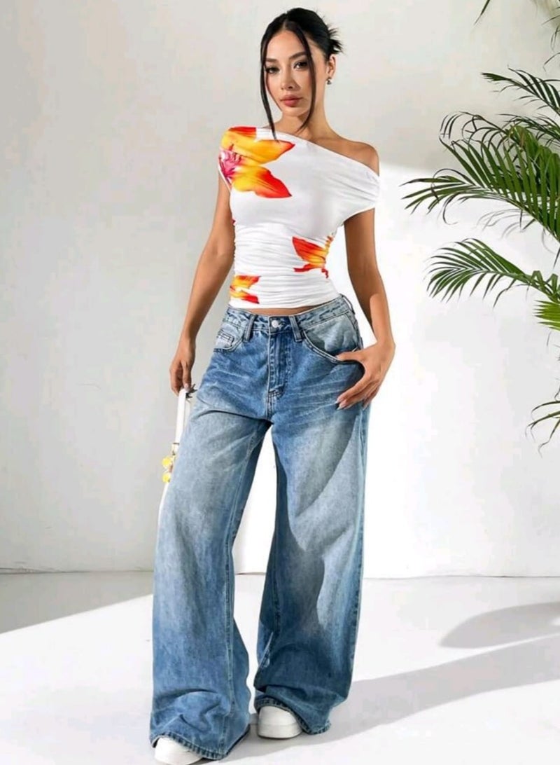 Shein SHEIN Women's White One Shoulder Ruched KnittedBLOUSE With Vibrant Tropical Floral Print  - Image 4