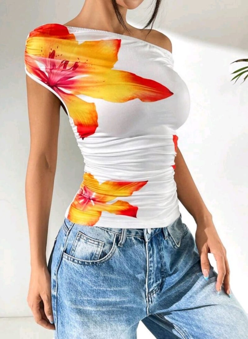 Shein SHEIN Women's White One Shoulder Ruched KnittedBLOUSE With Vibrant Tropical Floral Print  - Image 5