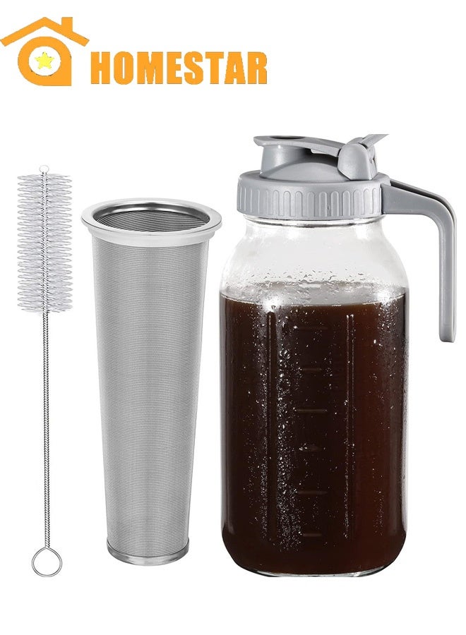 HOMESTAR Cold Brew Coffee Maker Glass Pitcher, 64 oz Mason Jar with Pour Spout Handle Lid with Stainless Steel Filter for Iced Coffee, Lemonade, Ice Tea, Fruit Drinks - Image 1