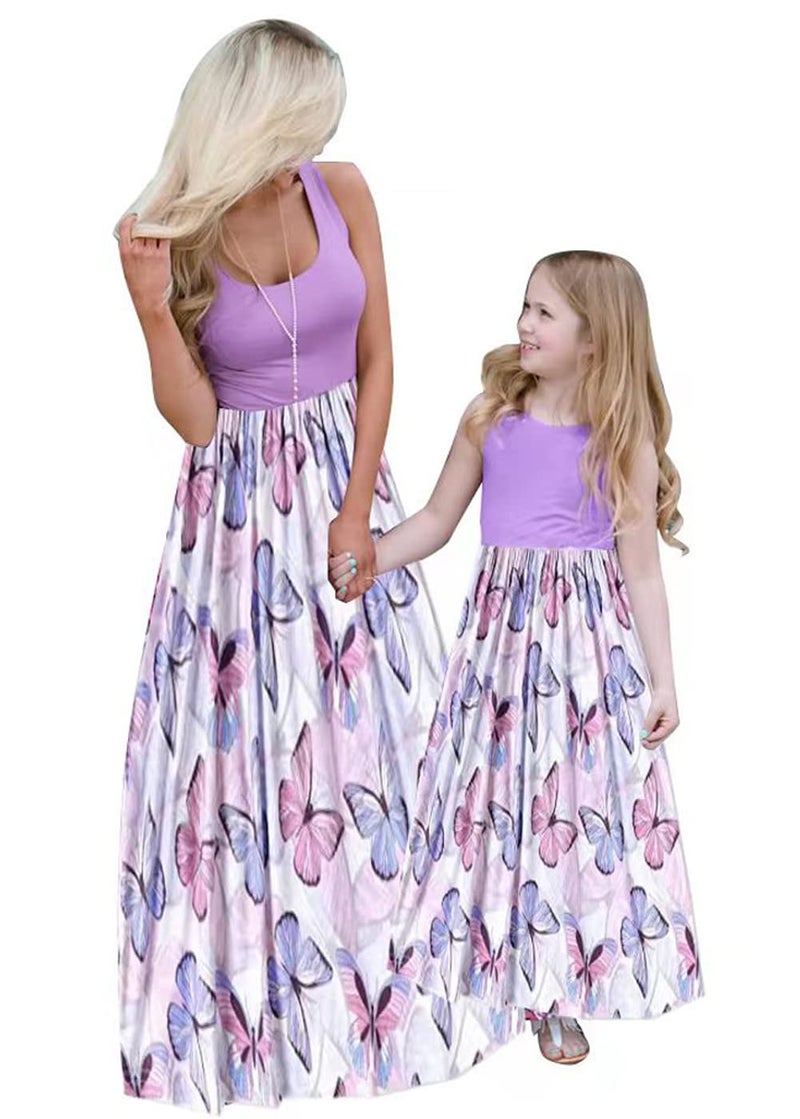 Askwind Mommy and Me Family Outfits, Stripe Stitching Dress,Summer Matching Maxi Dress with Pocket for Mother's Day (Purple, 4-5T) - Image 1