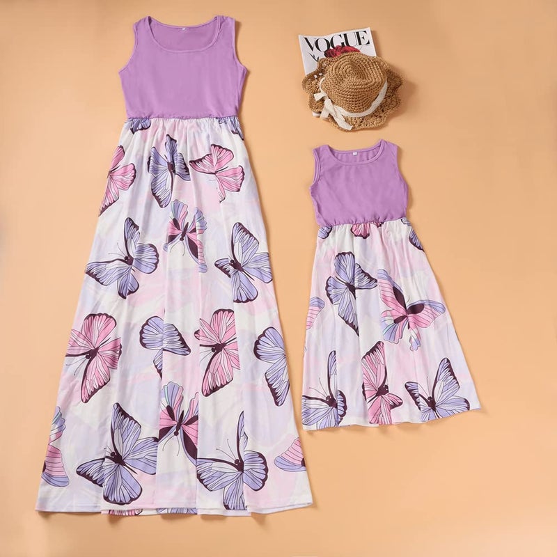 Askwind Mommy and Me Family Outfits, Stripe Stitching Dress,Summer Matching Maxi Dress with Pocket for Mother's Day (Purple, 4-5T) - Image 3