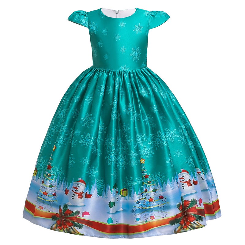 Santa Claus Snowflake Cartoon Print Dress Childrens Dress Long Dress Princess dress Christmas Performance Dress SD053-Green