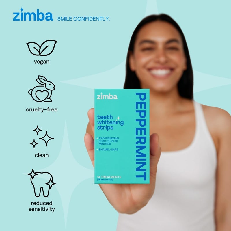 Zimba Peppermint Flavored Teeth Whitening Strips | Vegan, Enamel Safe Hydrogen Peroxide Teeth Whitener for Coffee, Wine, Tobacco, and Other Stains | 14 Day Treatment | Peppermint - Image 3