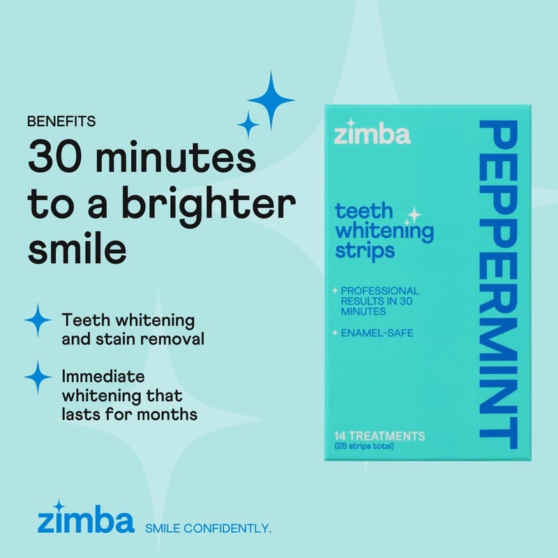 Zimba Peppermint Flavored Teeth Whitening Strips | Vegan, Enamel Safe Hydrogen Peroxide Teeth Whitener for Coffee, Wine, Tobacco, and Other Stains | 14 Day Treatment | Peppermint - Image 2