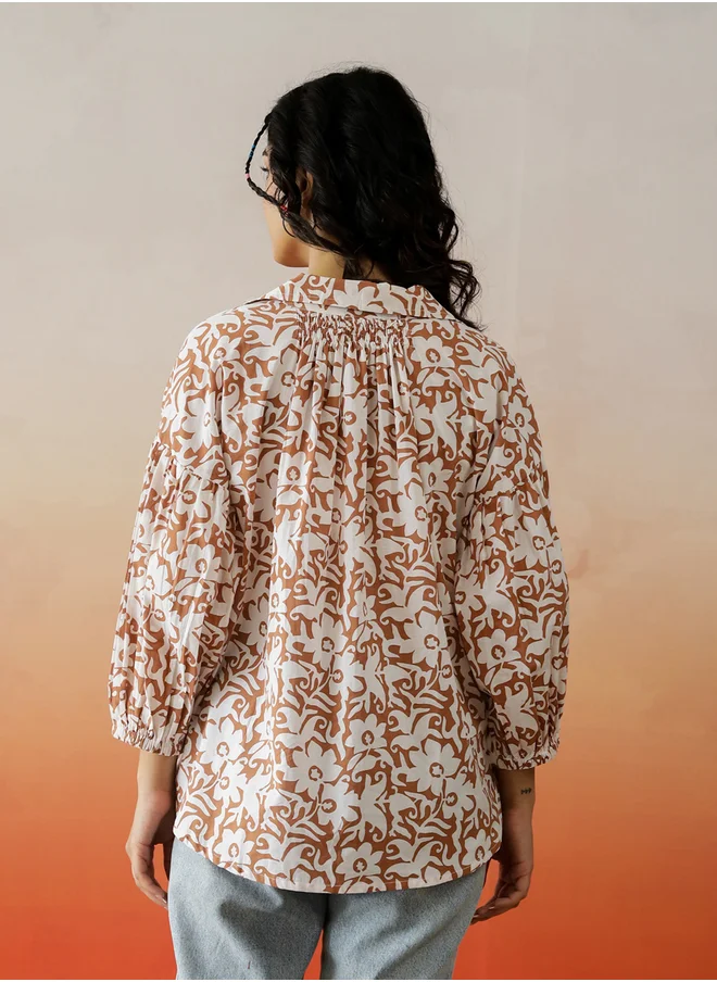 sanskrutihomes Floral Print Cuffed Sleeves Pure Cotton Top