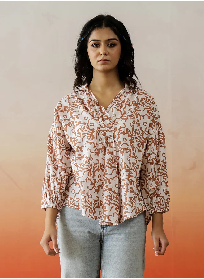 sanskrutihomes Floral Print Cuffed Sleeves Pure Cotton Top