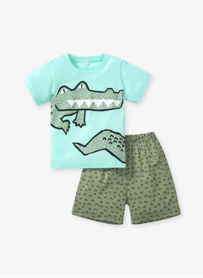يونيكي Sea Green Crew Neck Short Sleeve Printed Tshirt & Shorts