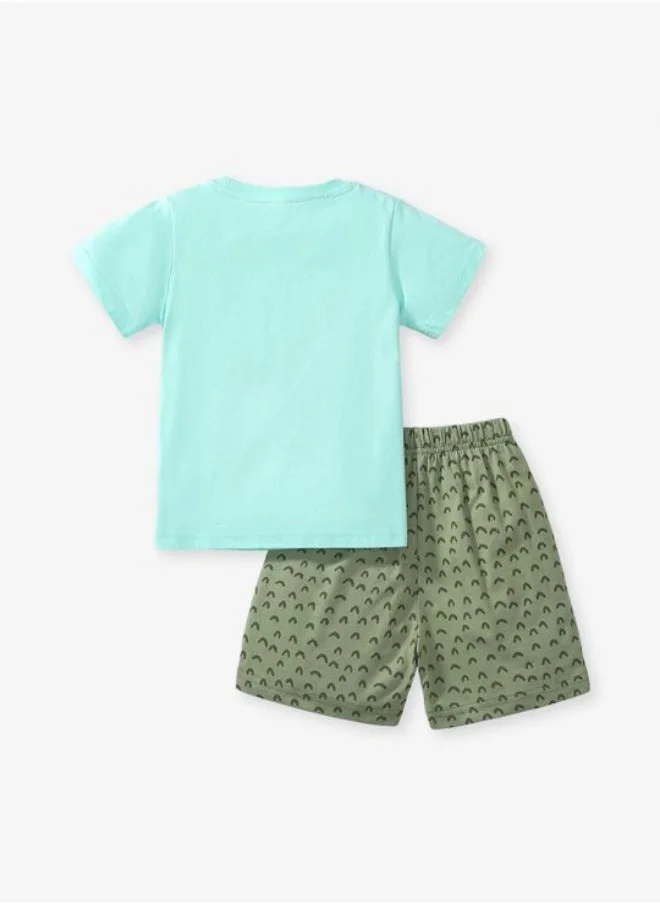 يونيكي Sea Green Crew Neck Short Sleeve Printed Tshirt & Shorts