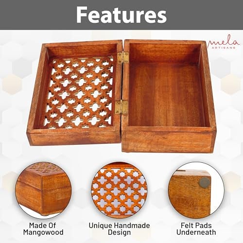 Mela Artisans Medium Polish Wooden Keepsake Box | Handmade Decorative Storage box for Jewelry, Photos & Letters| Elegant Memory & Trinket Box with Hinged Lid |Medium | Trellis Design | 7.5x4.5x3 - Image 3