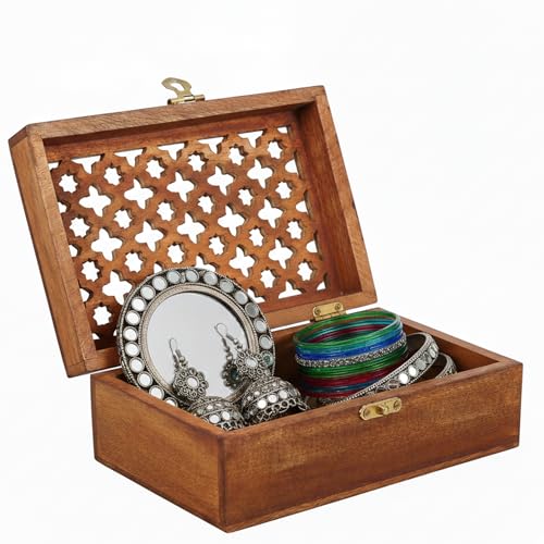 Mela Artisans Medium Polish Wooden Keepsake Box | Handmade Decorative Storage box for Jewelry, Photos & Letters| Elegant Memory & Trinket Box with Hinged Lid |Medium | Trellis Design | 7.5x4.5x3 - Image 1