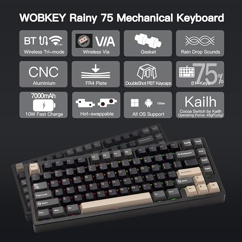 KEEBMONKEY WOBKEY Rainy 75 CNC Aluminum HMX/JWK/Cocoa Switches Triple-Mode Connectivity Mechanical Keyboard with Superior Acoustics, RGB/FR4/Silver SUS304/7000mAh/Cocoa Switch (Pro - Black) - Image 2