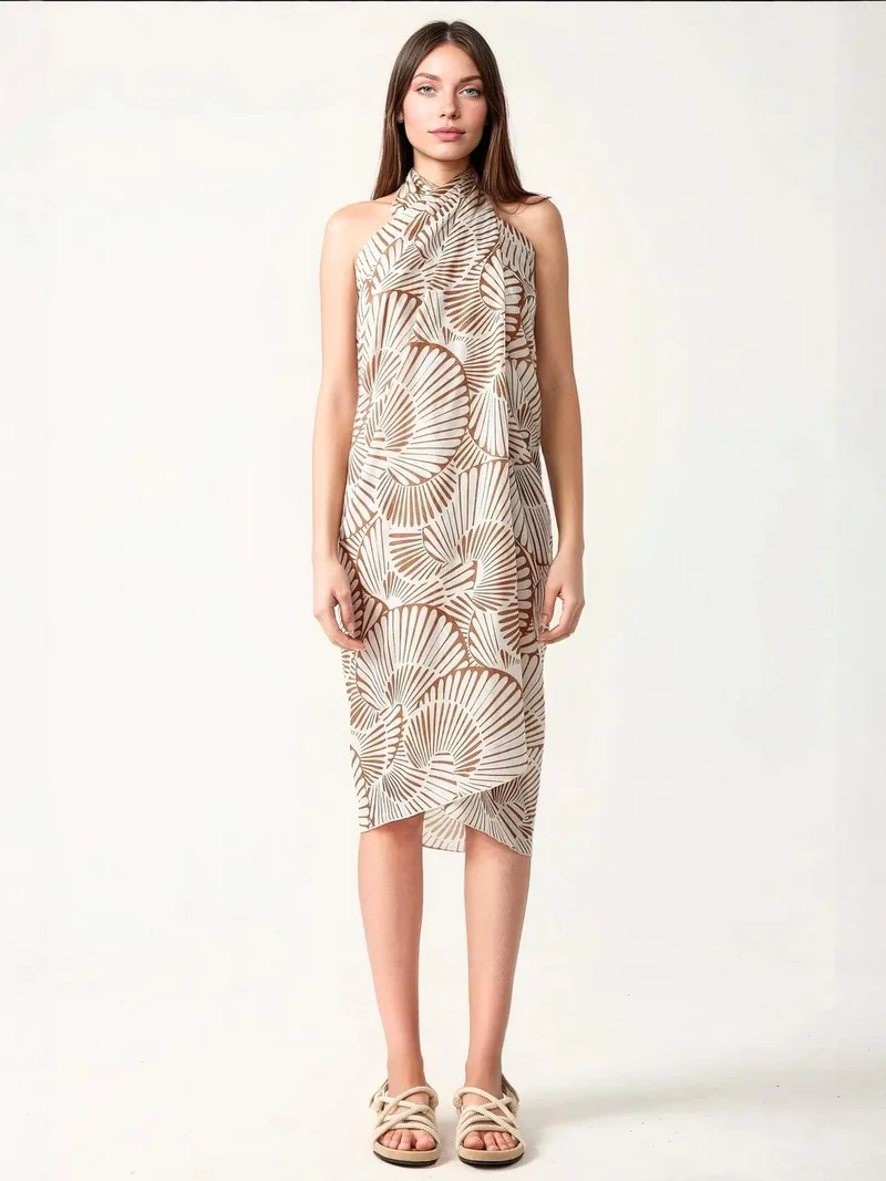 Hiccup Beige Natural Long Printed Beach Cover-Up for Women | Best Price UAE
