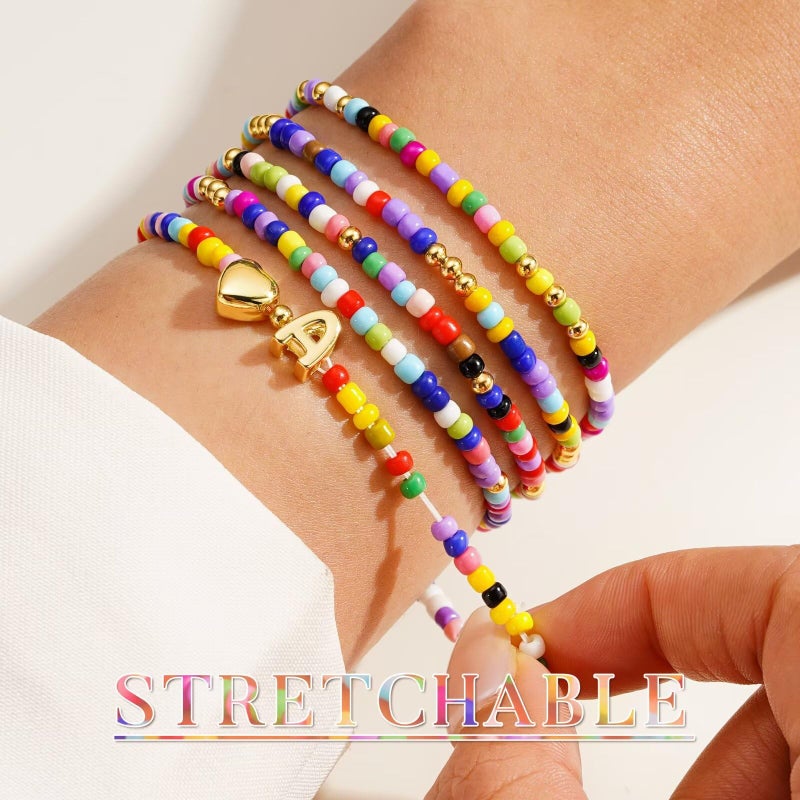 M MOOHAM Easter Gifts - Colorful Beaded Bracelet Gift, 5PCS Cute Heart A Initial Beaded Bracelet Jewelry Birthday Gifts Colorful Initial Bracelets Jewelry - Image 5