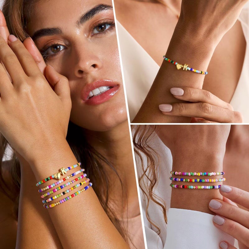 M MOOHAM Easter Gifts - Colorful Beaded Bracelet Gift, 5PCS Cute Heart A Initial Beaded Bracelet Jewelry Birthday Gifts Colorful Initial Bracelets Jewelry - Image 4