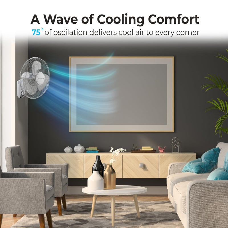 Comfort Zone 16-inch Wall Mount Fan with Remote Control, Quiet 3-Speed Operation, Timer, Adjustable Tilt â€“ Ideal for Bedroom, Home, Gym & Office - Image 4