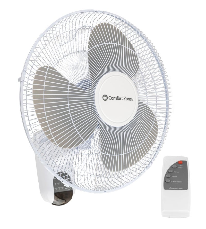 Comfort Zone 16-inch Wall Mount Fan with Remote Control, Quiet 3-Speed Operation, Timer, Adjustable Tilt â€“ Ideal for Bedroom, Home, Gym & Office - Image 1