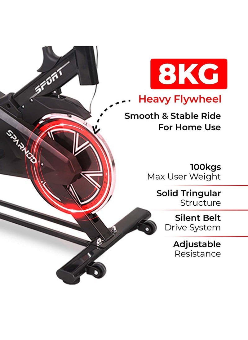 Sparnod Fitness SSB-08 Spin Bike Exercise Cycle for Home Gym with 8kg Flywheel, LED Display, Pulse Sensor, Adjustable Resistance, Silent Belt Drive, 4-way Adjustable Cushioned Seat and 2-way Handlebar  - Image 3