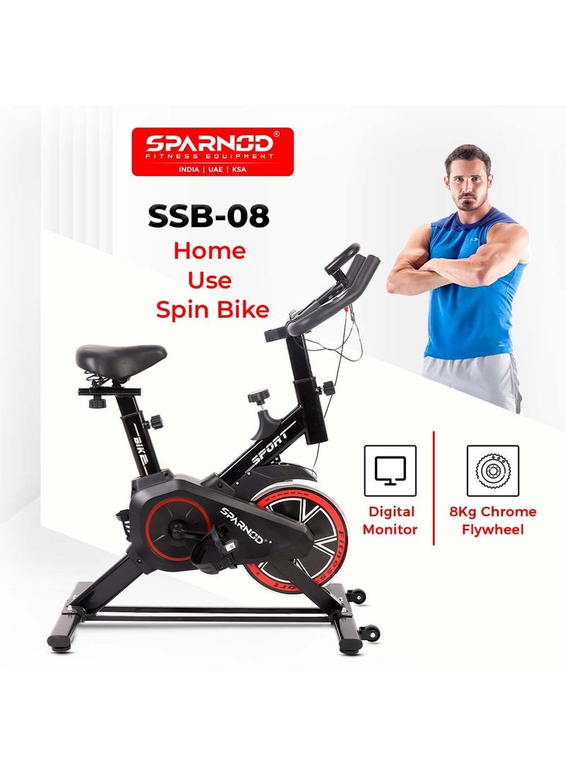 Sparnod Fitness SSB-08 Spin Bike Exercise Cycle for Home Gym with 8kg Flywheel, LED Display, Pulse Sensor, Adjustable Resistance, Silent Belt Drive, 4-way Adjustable Cushioned Seat and 2-way Handlebar  - Image 2