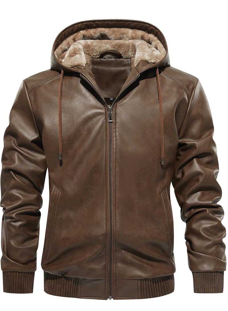 FANARCHER Men’s Faux Leather Jacket Fleece Padded Bomber Motorcycle Jacket with Hood - Image 3