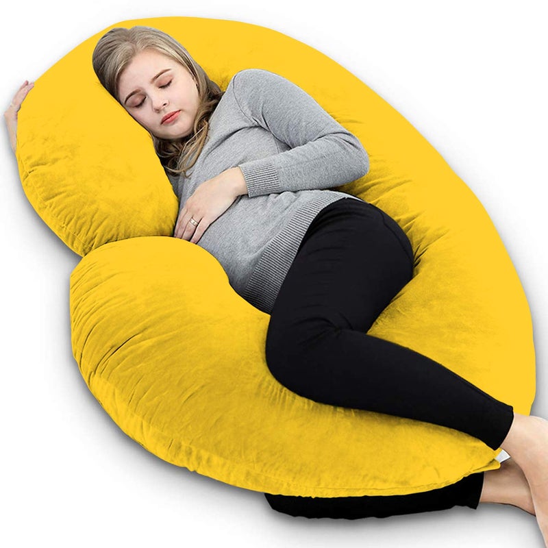 CUDDLY PRINT Cuddlyprint Velvet Ultra Soft Hollow Fibre C Shaped Maternity Pillow,Pregnancy Pillow,Body Pillow with Zippered Cover (Yellow) - Image 1