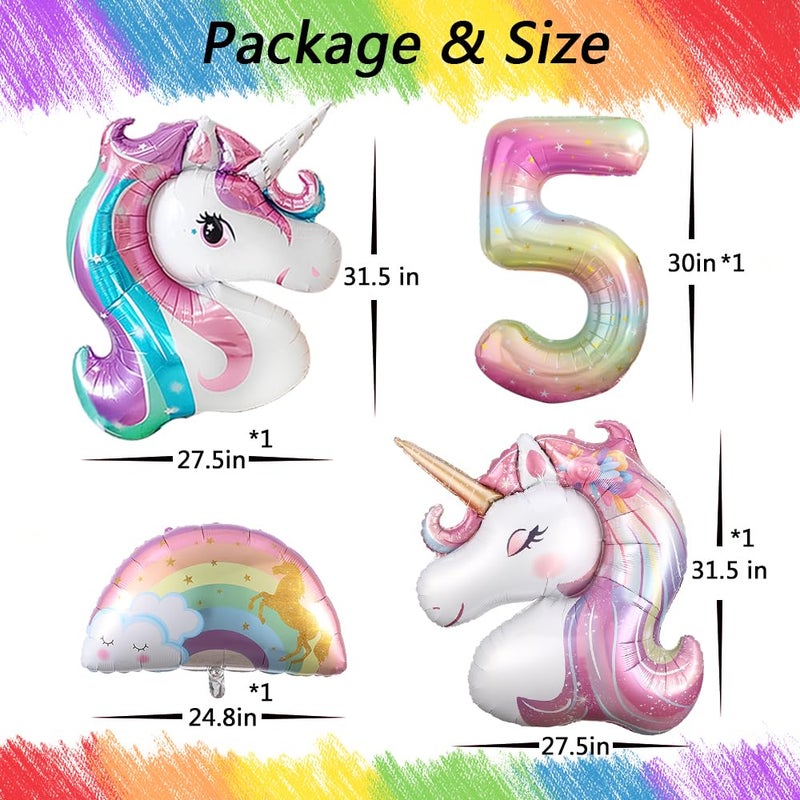 Heukikt Unicorn 5th Birthday Party Decorations for Girl Purple Pink Theme Balloon Set, Large Rainbow Unicorn Helium Balloons with Heart and Star Baby Shower Kids Supplies (number 5 set) - Image 2
