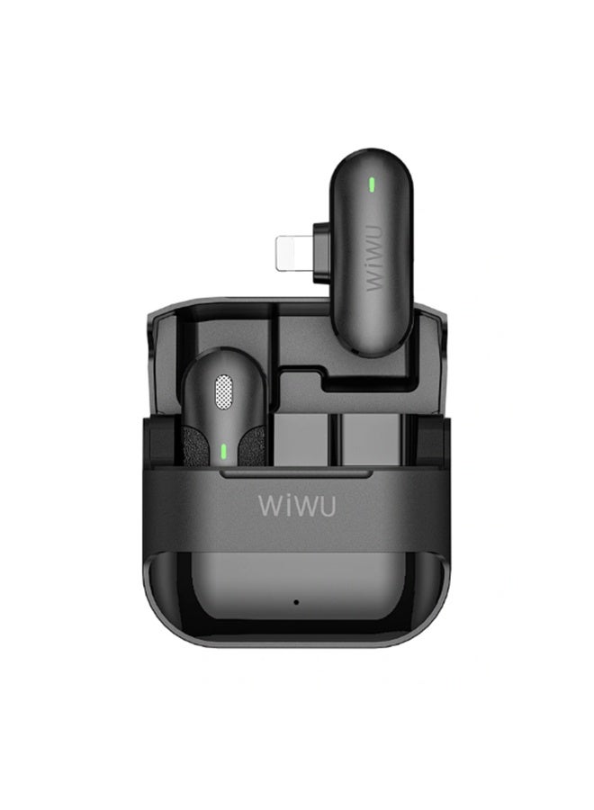 دبليو اي دبليو يو مايك WiWU WM001 لاسلكي لافاليير مع تقليل الضوضاء ANC، مدى 30 متر، يدعم USB-C و Lightning – أسود - Image 2