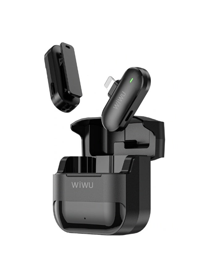 دبليو اي دبليو يو مايك WiWU WM001 لاسلكي لافاليير مع تقليل الضوضاء ANC، مدى 30 متر، يدعم USB-C و Lightning – أسود - Image 1