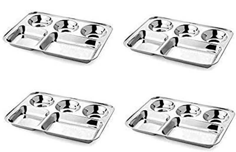 Nirvika Stainless Steel Partition Plate 5 in1 Bhojan ThaliDinner Plate Set of 4 - Image 1
