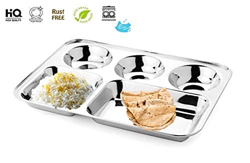Nirvika Stainless Steel Partition Plate 5 in1 Bhojan ThaliDinner Plate Set of 4 - Image 4