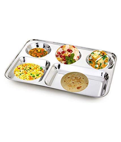Nirvika Stainless Steel Partition Plate 5 in1 Bhojan ThaliDinner Plate Set of 4 - Image 2