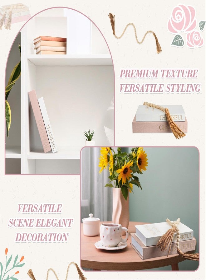 Faccito Set of 2 Linen Decorative Books with Wooden Beaded Garland Tassel Elegant Linen Books Aesthetic Gold Foil Fake Book for Coffee Table Shelf Mantel Storage Boxes(Pink) - Image 5