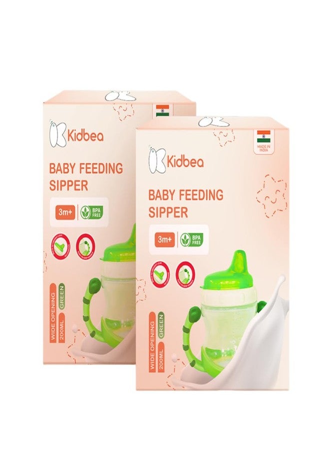 Kidbea Baby Feeding Sipper Cup Bottle | 200ml Wide Neck, Soft Silicone Spout, Anti-Spill, Dual Grip Handles & BPA Free | Pack of 2 (Green) - Image 1