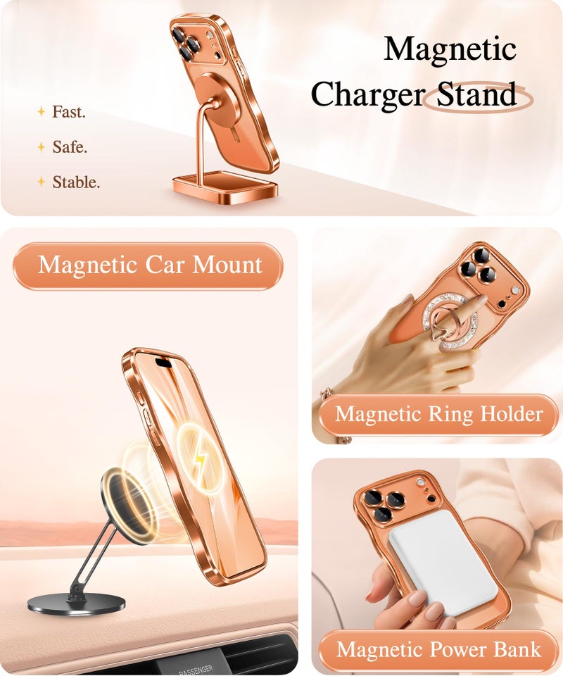 GVIEWIN for iPhone 17 Pro Case [Compatible with MagSafe][Upgraded Full Camera Protection][Cute Wave Frame] Glossy Slim Shockproof Protective Magnetic Phone Case for iPhone 17 Pro 6.3", Clear/Orange - Image 5