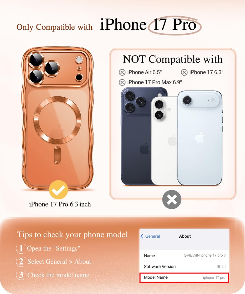 GVIEWIN for iPhone 17 Pro Case [Compatible with MagSafe][Upgraded Full Camera Protection][Cute Wave Frame] Glossy Slim Shockproof Protective Magnetic Phone Case for iPhone 17 Pro 6.3", Clear/Orange - Image 2