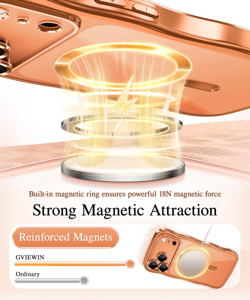 GVIEWIN for iPhone 17 Pro Case [Compatible with MagSafe][Upgraded Full Camera Protection][Cute Wave Frame] Glossy Slim Shockproof Protective Magnetic Phone Case for iPhone 17 Pro 6.3", Clear/Orange - Image 4