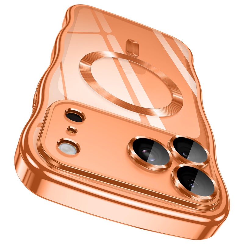GVIEWIN for iPhone 17 Pro Case [Compatible with MagSafe][Upgraded Full Camera Protection][Cute Wave Frame] Glossy Slim Shockproof Protective Magnetic Phone Case for iPhone 17 Pro 6.3", Clear/Orange - Image 1