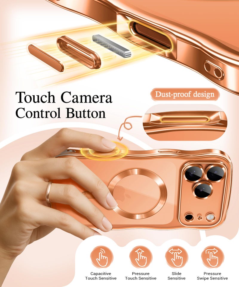 GVIEWIN for iPhone 17 Pro Case [Compatible with MagSafe][Upgraded Full Camera Protection][Cute Wave Frame] Glossy Slim Shockproof Protective Magnetic Phone Case for iPhone 17 Pro 6.3", Clear/Orange - Image 3
