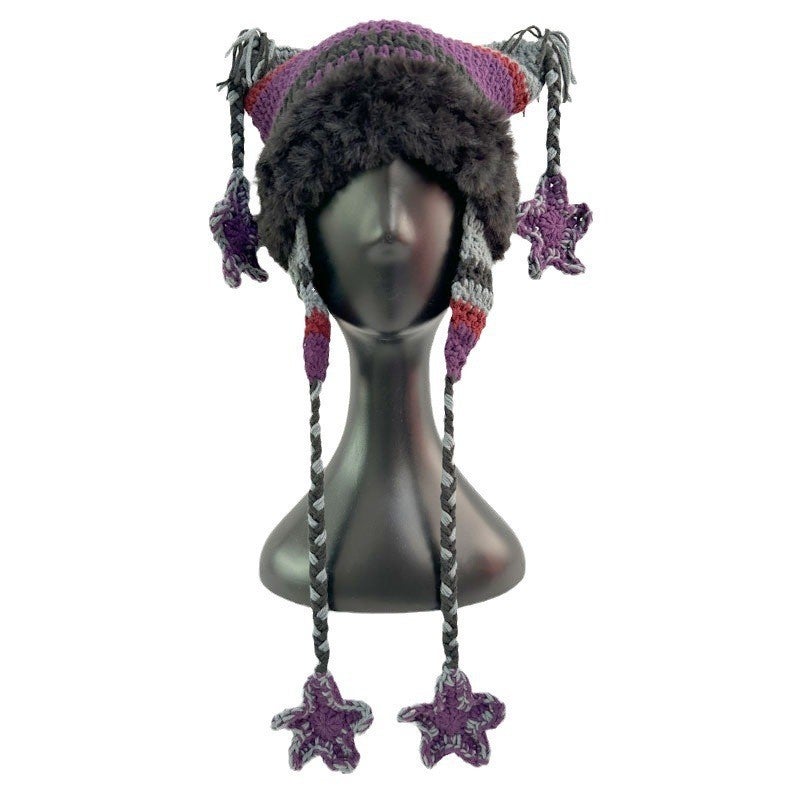 Five-Pointed Star Lace Cat Ear Knitted Hat Supply New Sweet And Cute Pure Hand-Woven Warm Wool Hat - Image 1