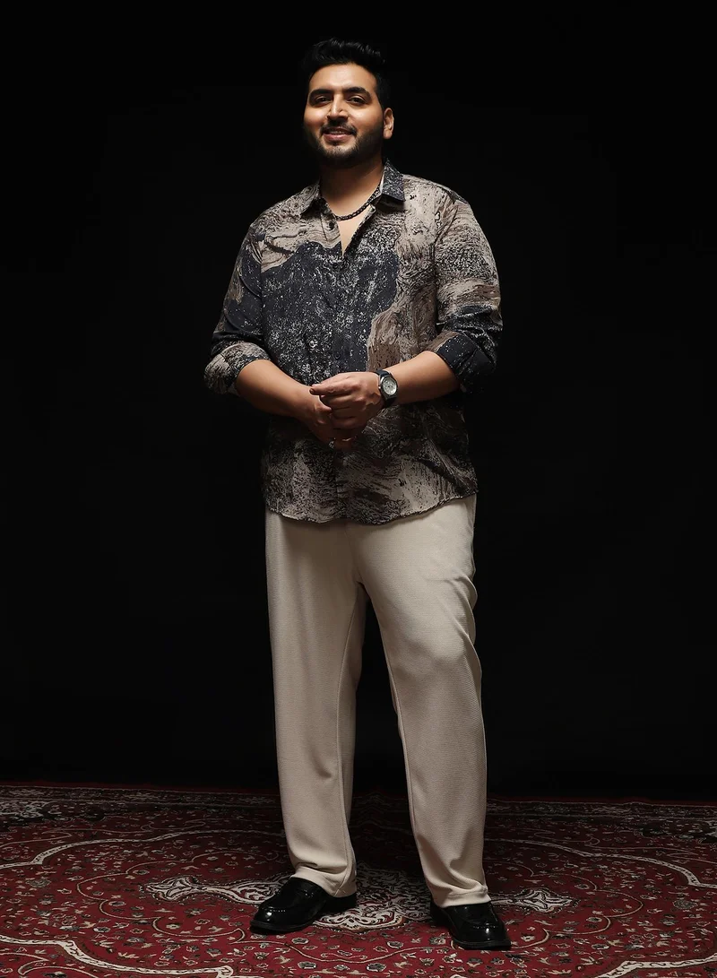 انستافاب بلس Instafab Plus Men's Grey & Brown Marble-Specks Imprint Shirt | Spread Collar , Long Cuffed Sleeves , Button Closure , Curved Hemline | Abstract-Print Plain Polyester For Evening & Party Wear