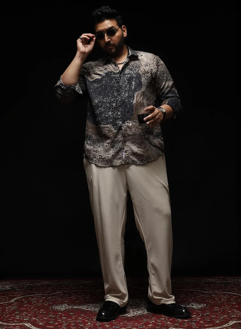 انستافاب بلس Instafab Plus Men's Grey & Brown Marble-Specks Imprint Shirt | Spread Collar , Long Cuffed Sleeves , Button Closure , Curved Hemline | Abstract-Print Plain Polyester For Evening & Party Wear
