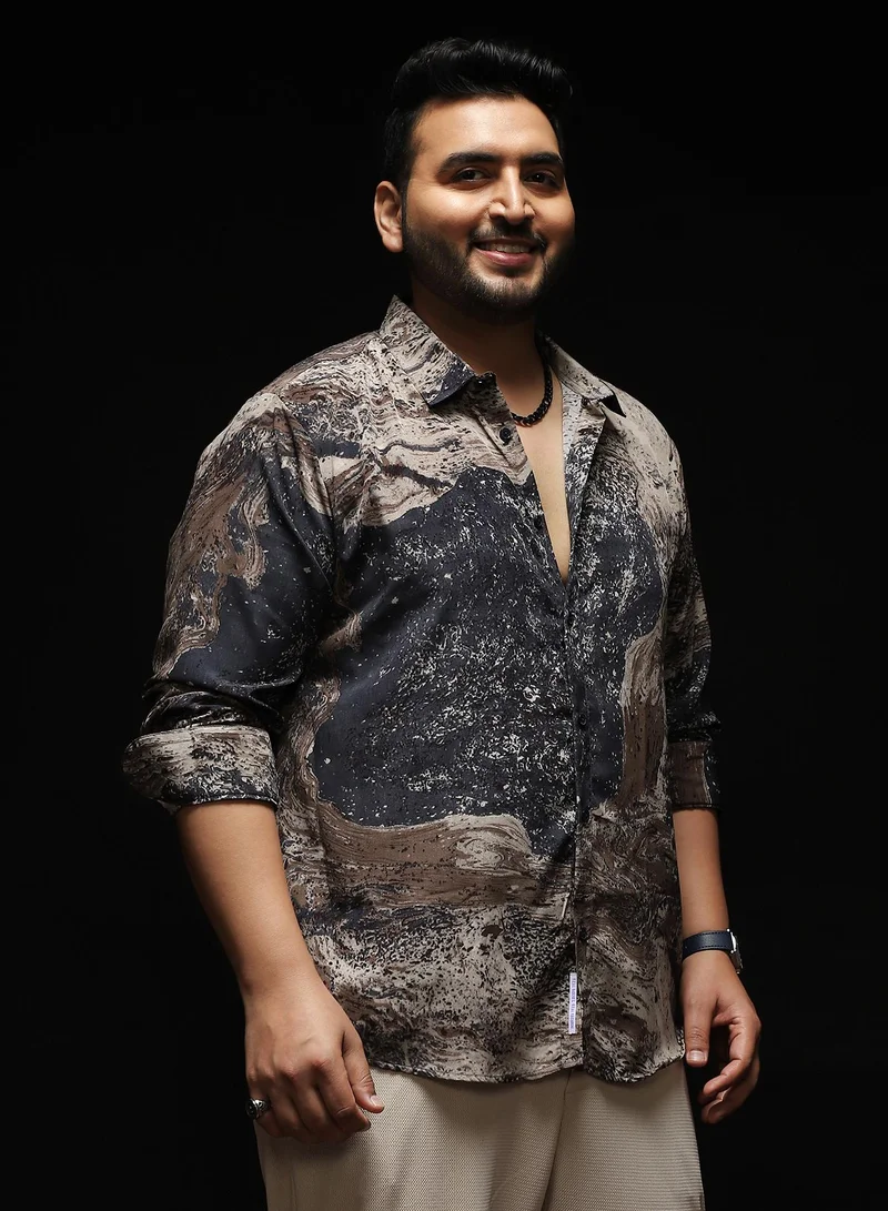 انستافاب بلس Instafab Plus Men's Grey & Brown Marble-Specks Imprint Shirt | Spread Collar , Long Cuffed Sleeves , Button Closure , Curved Hemline | Abstract-Print Plain Polyester For Evening & Party Wear