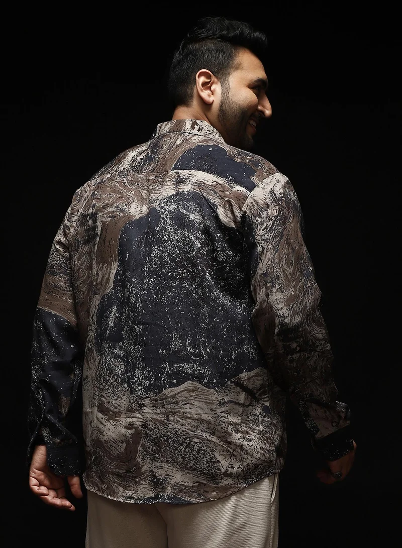 انستافاب بلس Instafab Plus Men's Grey & Brown Marble-Specks Imprint Shirt | Spread Collar , Long Cuffed Sleeves , Button Closure , Curved Hemline | Abstract-Print Plain Polyester For Evening & Party Wear