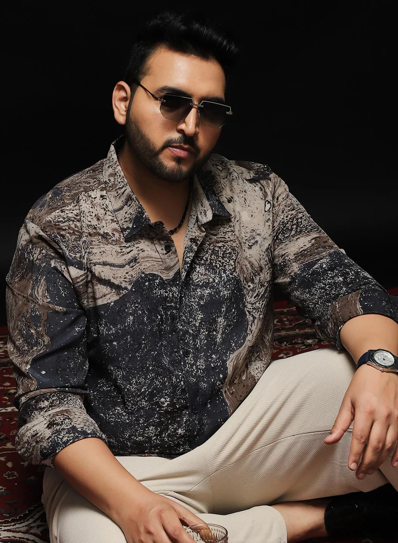 Instafab Plus Instafab Plus Men's Grey & Brown Marble-Specks Imprint Shirt | Spread Collar , Long Cuffed Sleeves , Button Closure , Curved Hemline | Abstract-Print Plain Polyester For Evening & Party Wear