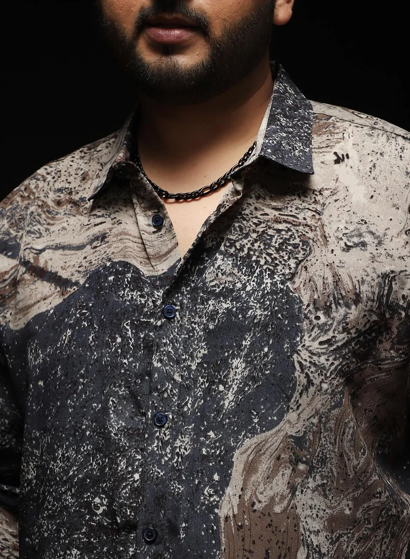 انستافاب بلس Instafab Plus Men's Grey & Brown Marble-Specks Imprint Shirt | Spread Collar , Long Cuffed Sleeves , Button Closure , Curved Hemline | Abstract-Print Plain Polyester For Evening & Party Wear