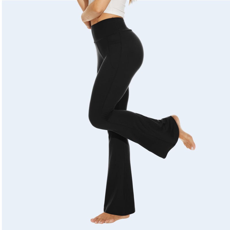 YOLIX Flare Leggings for Women with Pockets - Crossover High Waisted Black Flared Leggings for Yoga Gym Workout - Image 2