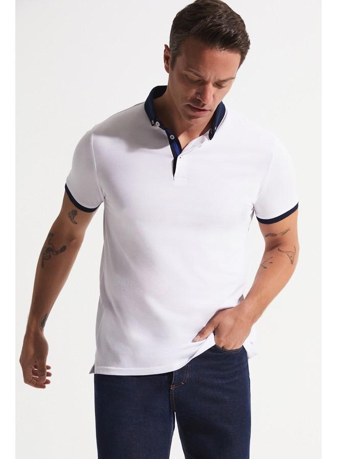 جون تيشيرت بولو رجالي قطن 100% أبيض بقصة ضيقة - حصري يونيو - Image 3