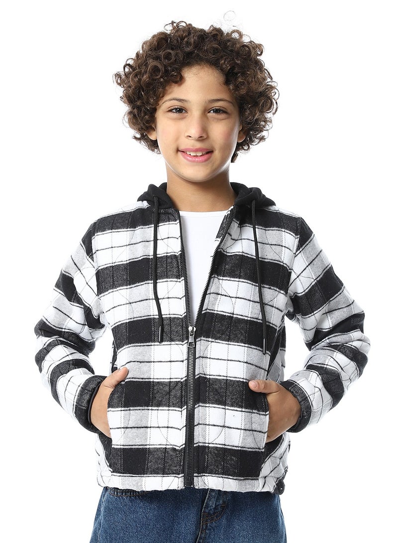 Andora Plaid Padded Hooded Boys Jacket _ Black & White - Image 1