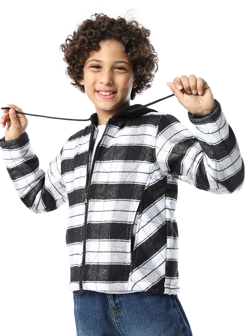 Andora Plaid Padded Hooded Boys Jacket _ Black & White - Image 2