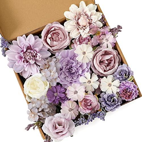 Kisflower Purple Artificial Flowers Combo Cake Flowers Decorations Fake Peony Silk Roses Gift Box for DIY Wedding Bridal Bouquet Centerpieces Arrangements Party Baby Shower Holiday Decor (Purple) - Image 1