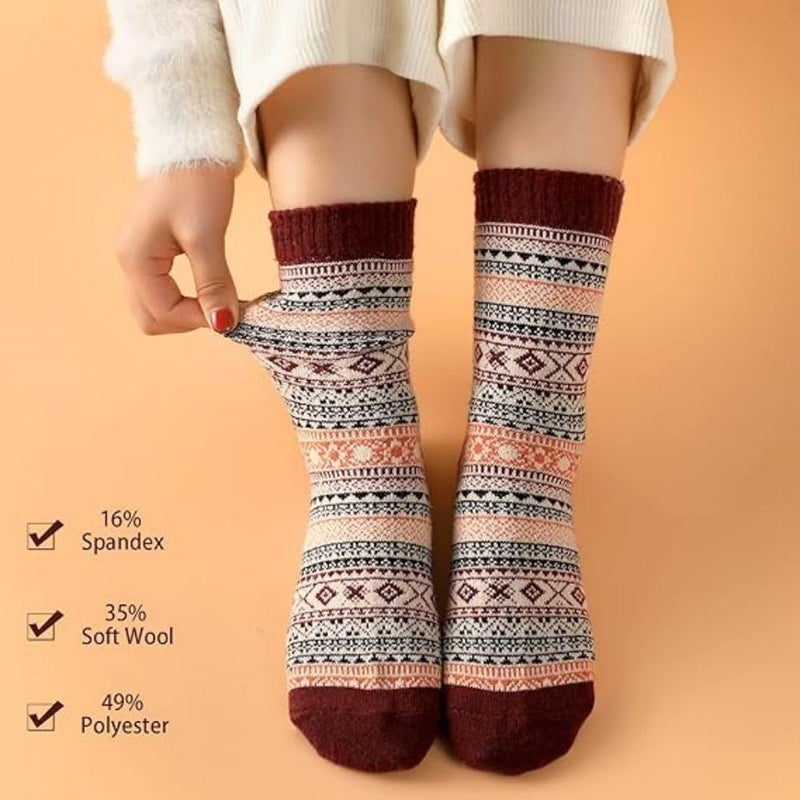Womens Wool Socks 5 Pairs Winter Warm Socks Thick Knit Wool Soft Vintage Casual Crew Socks Gifts for Women Men - Image 2